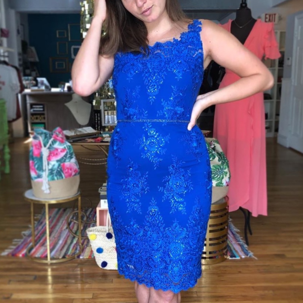 Marchesa Notte Blue Lace Embellished Mini Dress